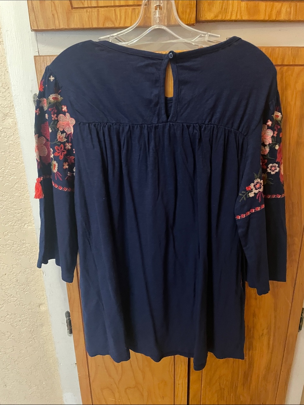 St. John's Bay Navy Tunic with Pink Floral Embroidery - Picture 4 of 7